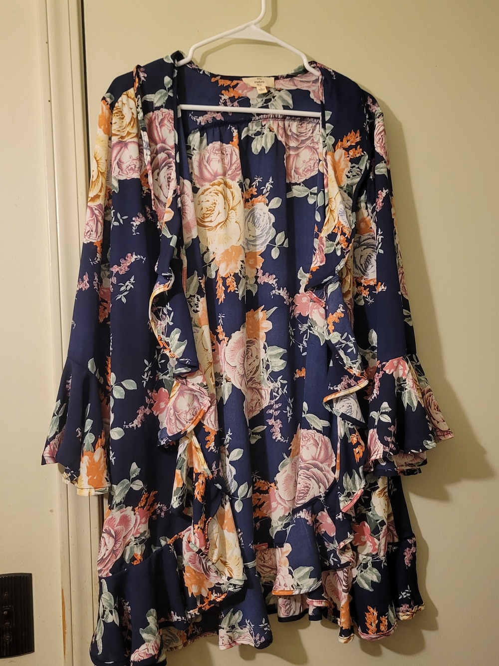 entro Navy Floral Ruffle Open-Front Long Sleeve Kimono